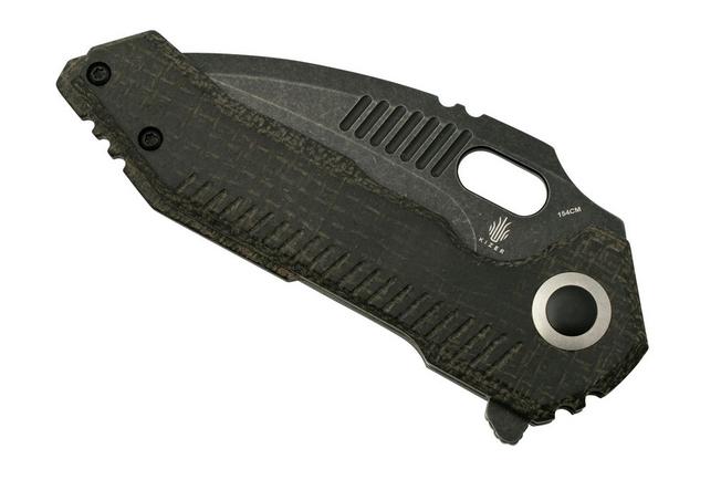 Exclusive Kizer EXTRA Mini Paragon Folding Knife Black/Red Damascus G10  Handle 3V Tanto Plain Edge Stonewashed Finish V3600E