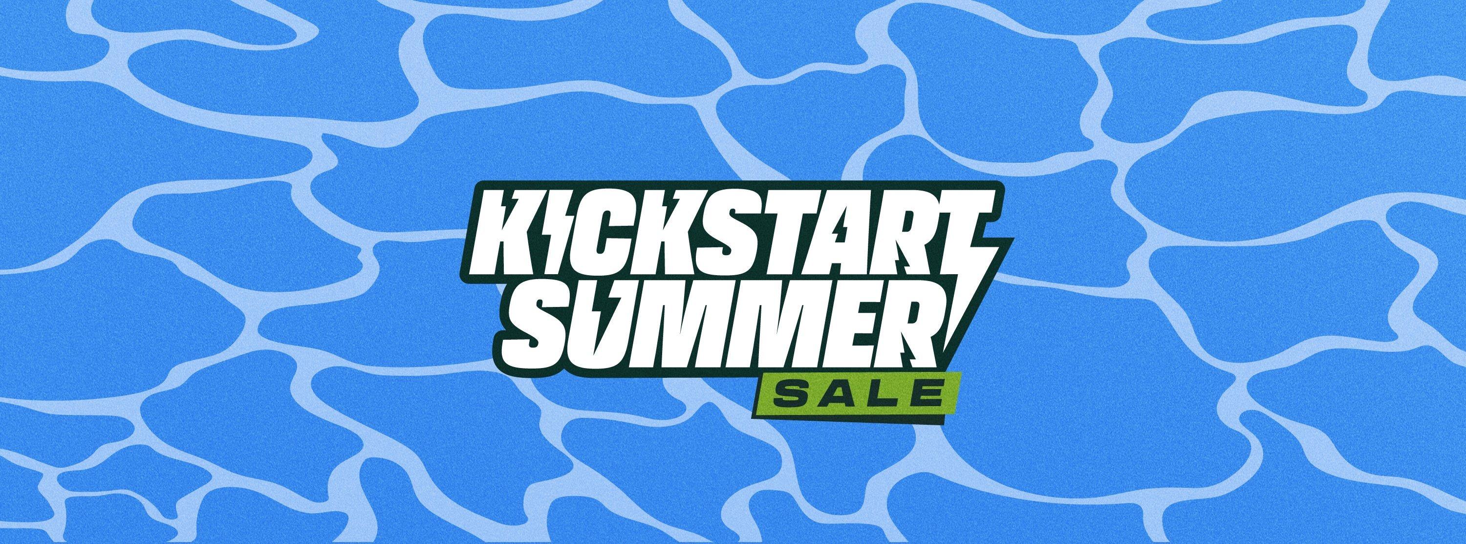 Graphic banner with the text ‘Kickstart Summer’ in white and ‘Sale’ in green, set against a blue and light blue background with pool reflections.