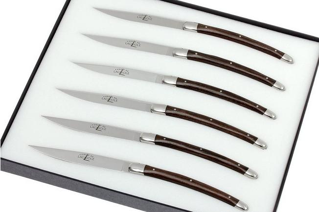 Set of 6 laguiole steak knives with ebony wood handle and stainless steel  bolsters