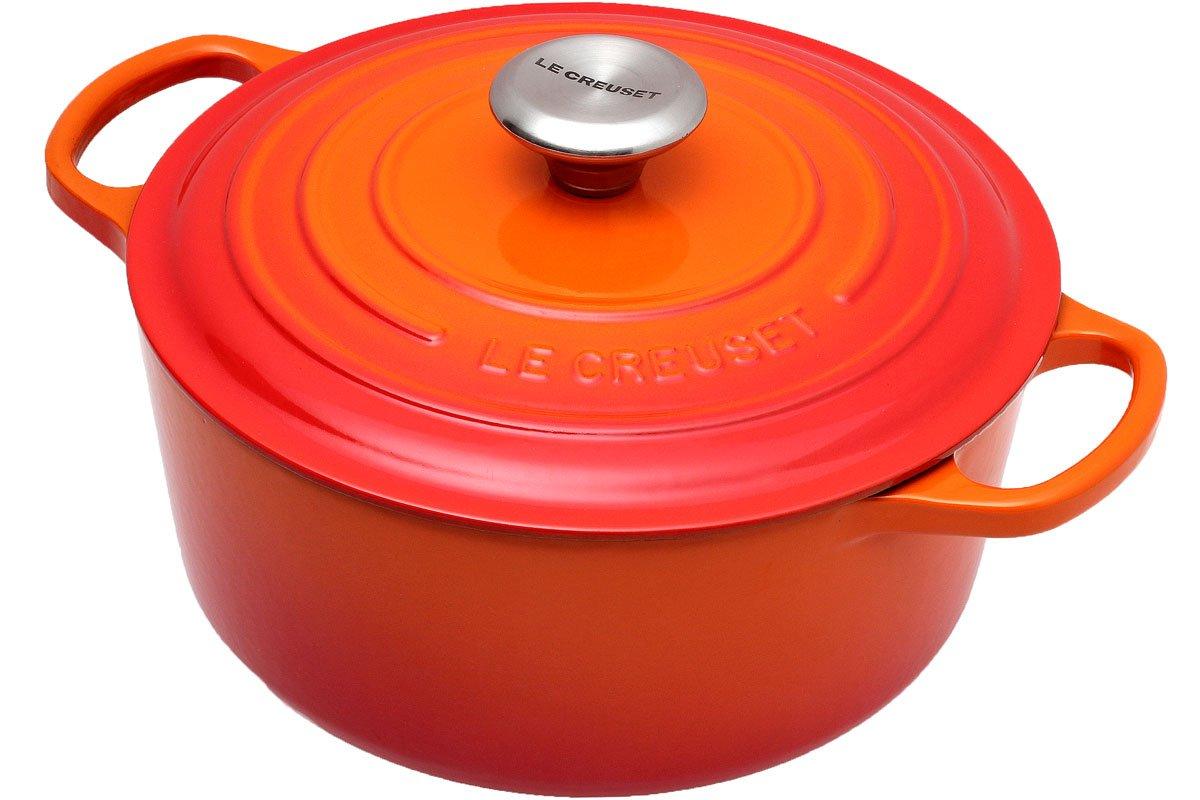 Vintage Le Creuset France 24 Enameled Cast Iron Skillet Flame/Orange Wood  Handle