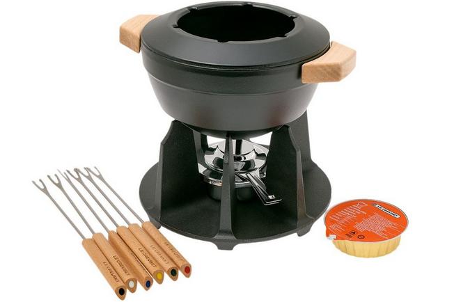 Cast-Iron Fondue Pot with Wooden Handles and 4 Forks