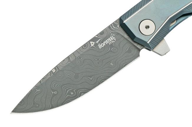 Couteau de poche LionSteel ROK damas titanium bleu