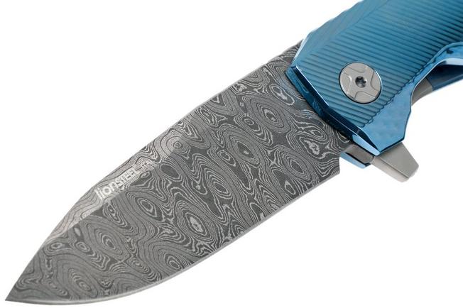 Couteau de poche LionSteel ROK damas titanium bleu