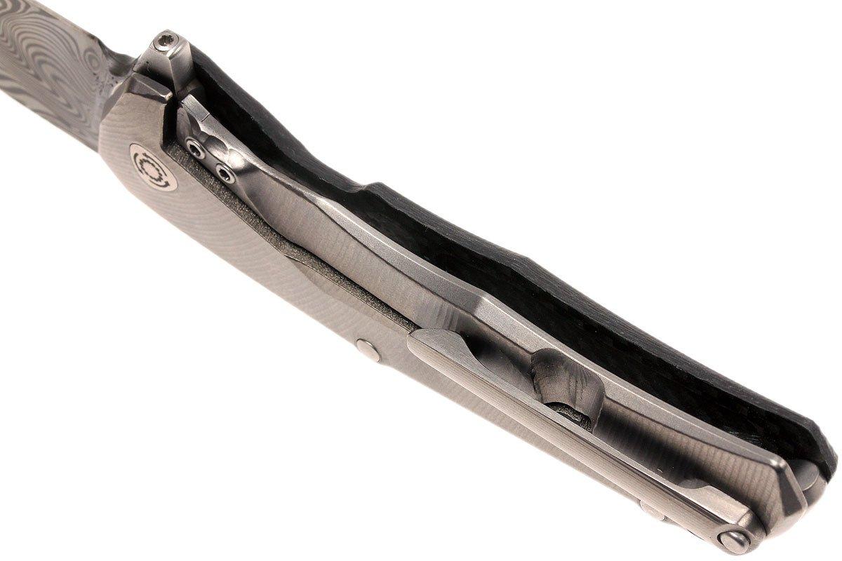 Couteau De Poche LionSteel TRE DT Avec Lame Damas Et Manche Fibre De Carbone/titane - Mécanisme Manuel, Serrure Cadre