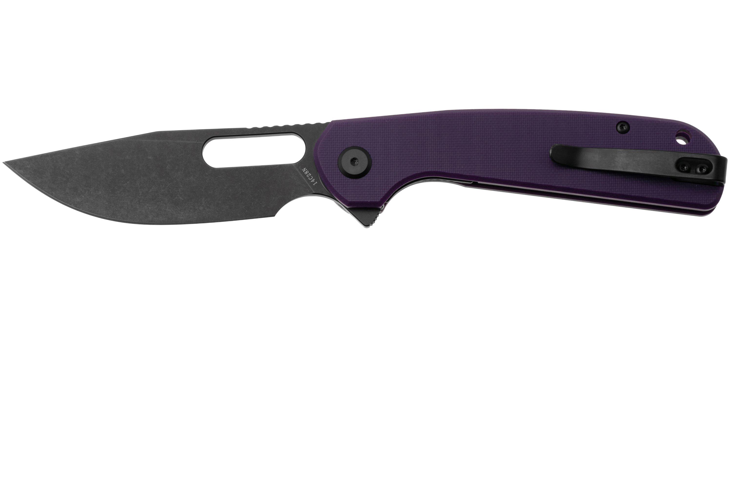 Eutektik Trinity TRI-PBW-R Blackwashed 14C28N, Purple G10, pocket knife ...