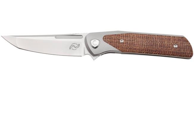 Afbeelding voor Liong Mah Warrior 3 Bead Blasted Böhler M390, Titanium Brown Burlap Micarta Inlay, zakmes