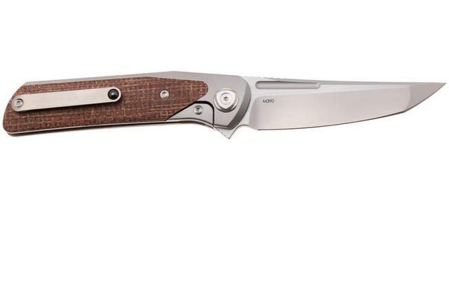 Afbeelding voor Liong Mah Warrior 3 Bead Blasted Böhler M390, Titanium Brown Burlap Micarta Inlay, zakmes