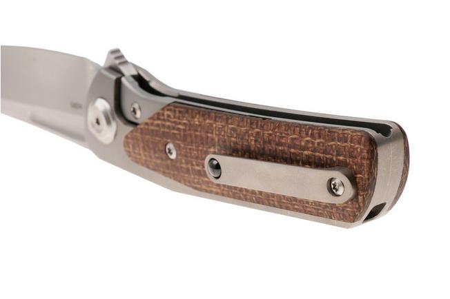 Afbeelding voor Liong Mah Warrior 3 Bead Blasted Böhler M390, Titanium Brown Burlap Micarta Inlay, zakmes