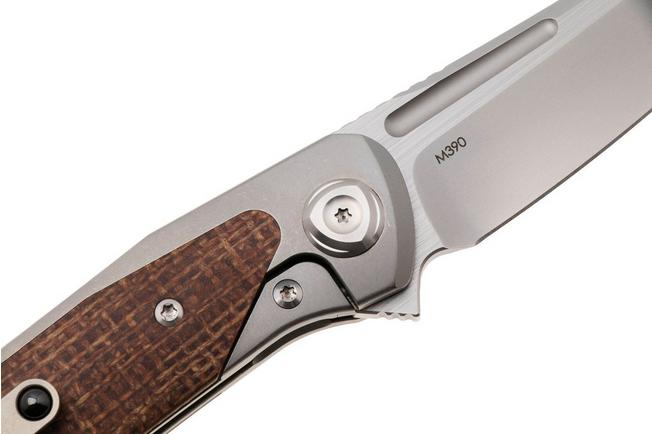 Afbeelding voor Liong Mah Warrior 3 Bead Blasted Böhler M390, Titanium Brown Burlap Micarta Inlay, zakmes