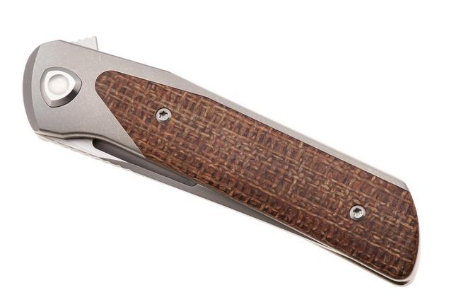 Afbeelding voor Liong Mah Warrior 3 Bead Blasted Böhler M390, Titanium Brown Burlap Micarta Inlay, zakmes