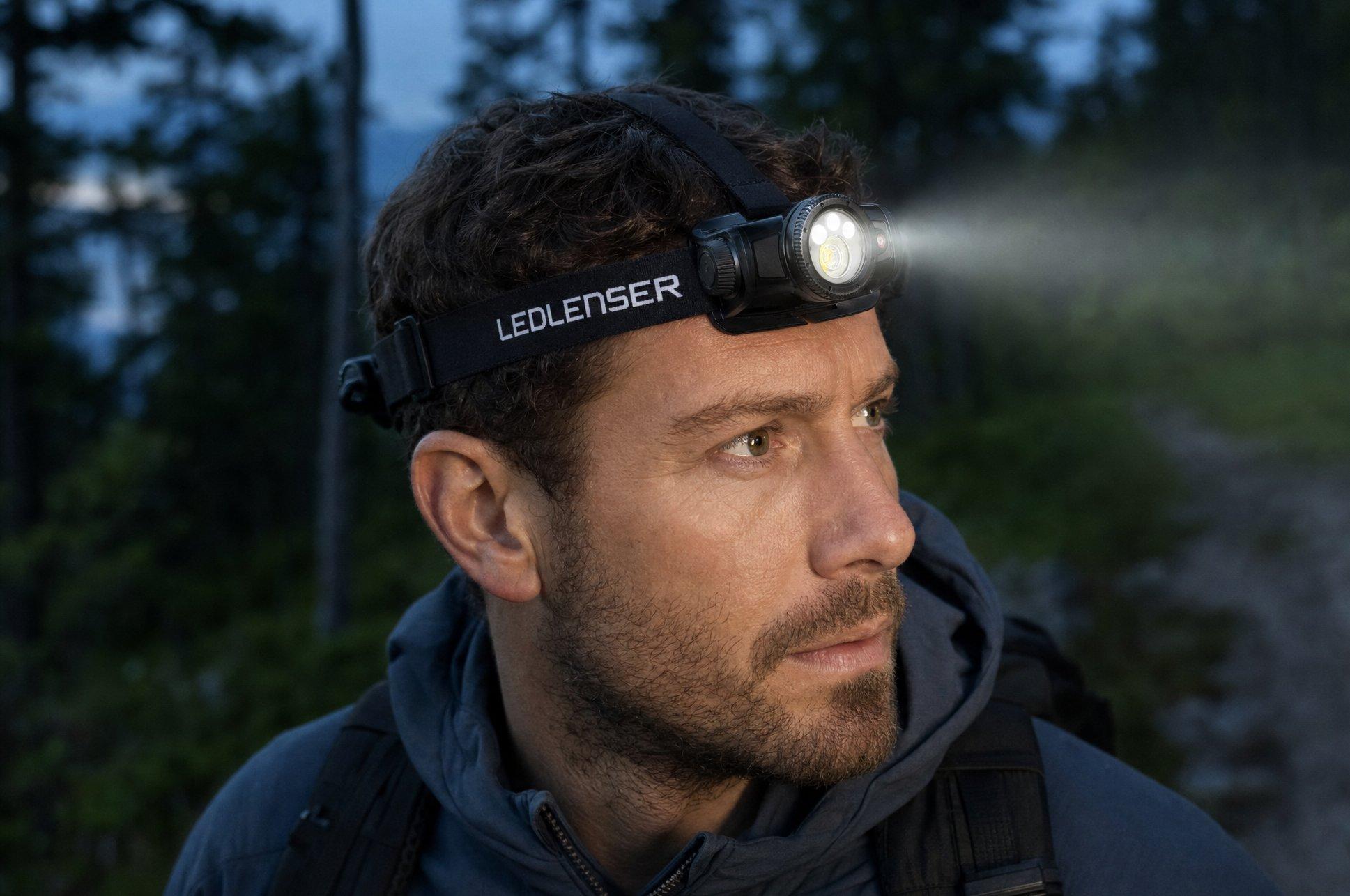 Person wearing a Ledlenser H9R headlamp