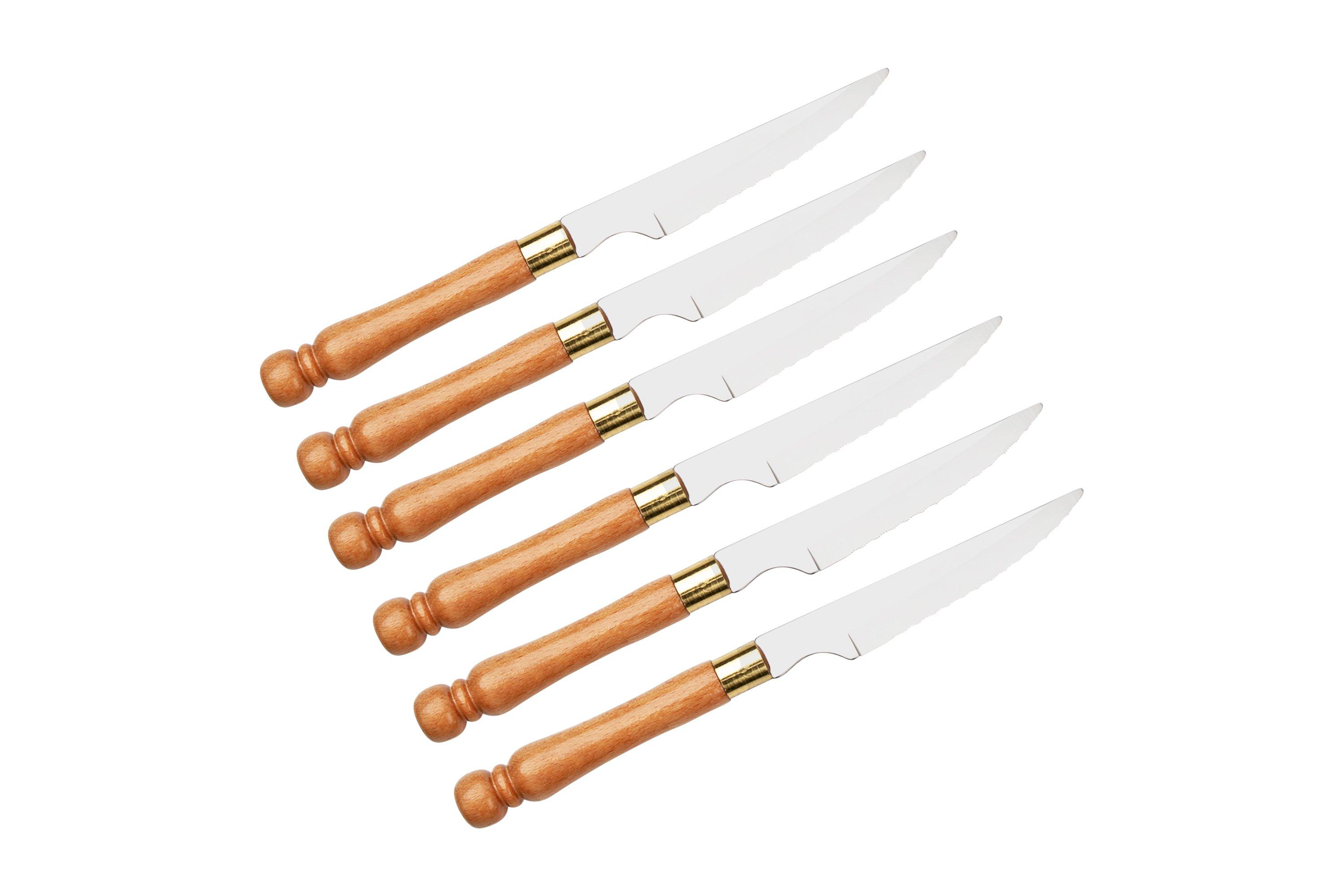 Forge de Laguiole 6 Piece Steak Knife Set Assorted Wood Handle Shiny Finish