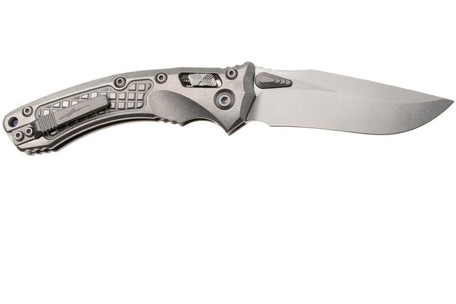 Afbeelding voor Microtech Marfione Select Amphibian 137RL-10FRMS2, Stonewashed M390MK, Frag Titanium, Blue Accents, zakmes