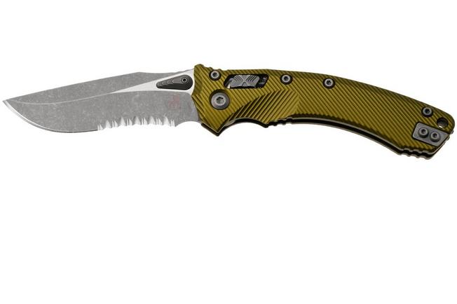 Afbeelding voor Microtech Amphibian 137RL-11APFLOD, Apocalyptic Stonewashed M390MK, Fluted OD Green Aluminum, partial serrated zakmes