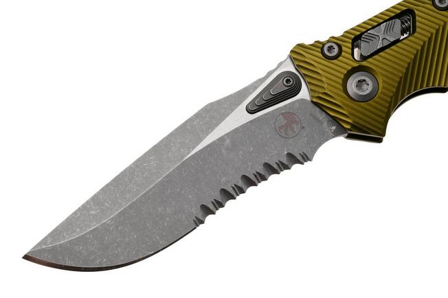 Afbeelding voor Microtech Amphibian 137RL-11APFLOD, Apocalyptic Stonewashed M390MK, Fluted OD Green Aluminum, partial serrated zakmes