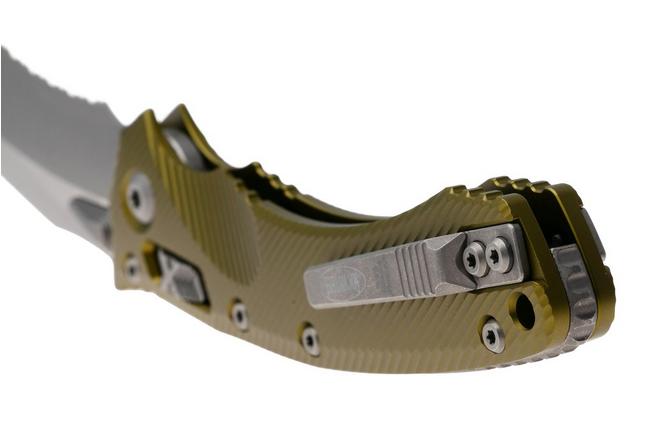 Afbeelding voor Microtech Amphibian 137RL-11APFLOD, Apocalyptic Stonewashed M390MK, Fluted OD Green Aluminum, partial serrated zakmes