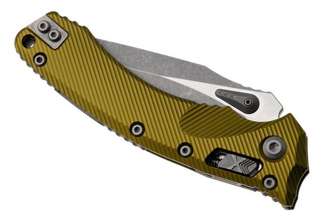 Afbeelding voor Microtech Amphibian 137RL-11APFLOD, Apocalyptic Stonewashed M390MK, Fluted OD Green Aluminum, partial serrated zakmes