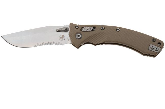 Afbeelding voor Microtech Amphibian 137RL-11FLGTTA, Stonewashed M390MK, Fluted Tan G10, partial serrated zakmes