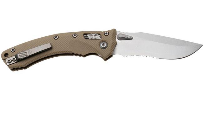 Afbeelding voor Microtech Amphibian 137RL-11FLGTTA, Stonewashed M390MK, Fluted Tan G10, partial serrated zakmes
