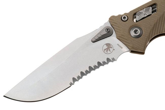 Afbeelding voor Microtech Amphibian 137RL-11FLGTTA, Stonewashed M390MK, Fluted Tan G10, partial serrated zakmes