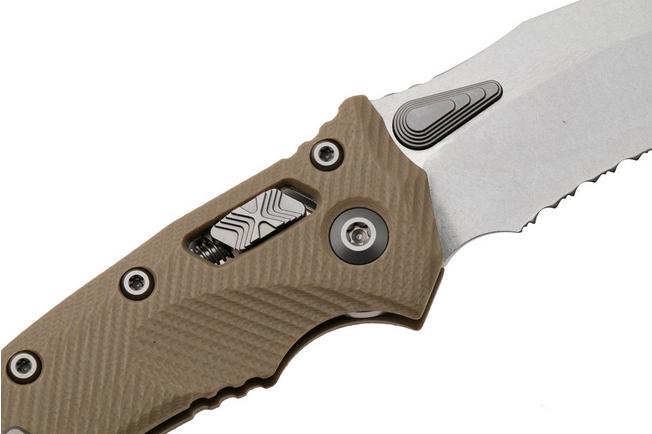 Afbeelding voor Microtech Amphibian 137RL-11FLGTTA, Stonewashed M390MK, Fluted Tan G10, partial serrated zakmes