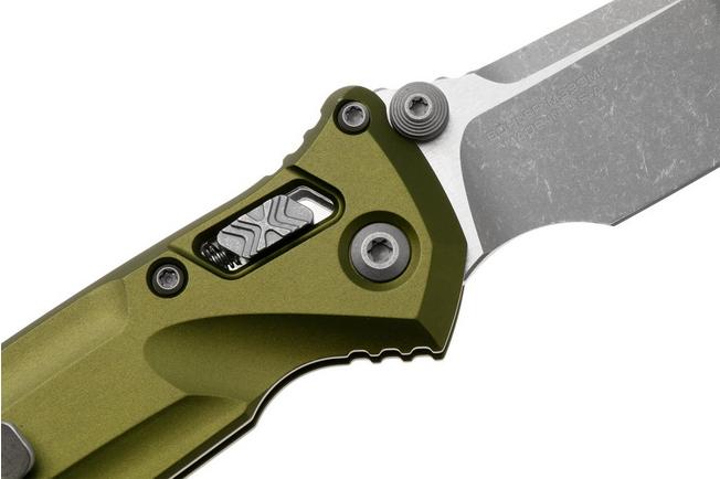 Afbeelding voor Microtech Socom Delta Ram-Lok 159RL-10APOD Apocalyptic Stonewashed M390MK Clippoint, OD-Green Standard Aluminum, zakmes