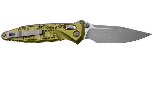 Afbeelding voor Microtech Socom Ram-Lok 160RL-10APFROD Apocalyptic Stonewashed M390MK Clippoint, OD-Green Standard Frag Aluminum, zakmes
