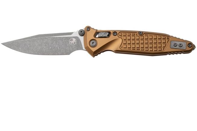 Afbeelding voor Microtech Socom Ram-Lok 160RL-10APFRTA Apocalyptic Stonewashed M390MK Clippoint, Tan Standard Frag Aluminum, zakmes