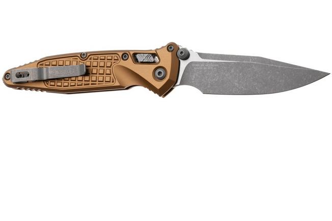 Afbeelding voor Microtech Socom Ram-Lok 160RL-10APFRTA Apocalyptic Stonewashed M390MK Clippoint, Tan Standard Frag Aluminum, zakmes