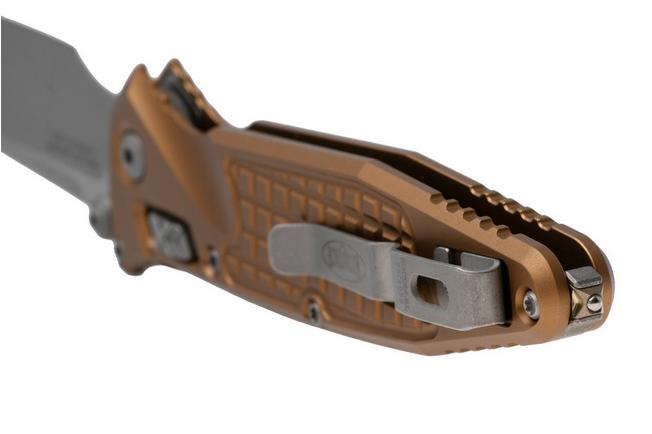 Afbeelding voor Microtech Socom Ram-Lok 160RL-10APFRTA Apocalyptic Stonewashed M390MK Clippoint, Tan Standard Frag Aluminum, zakmes