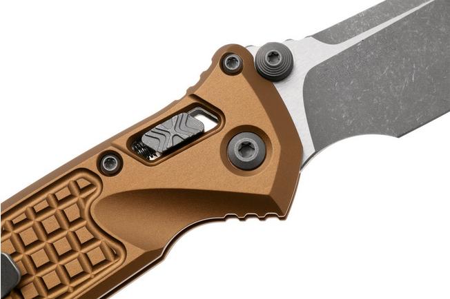 Afbeelding voor Microtech Socom Ram-Lok 160RL-10APFRTA Apocalyptic Stonewashed M390MK Clippoint, Tan Standard Frag Aluminum, zakmes