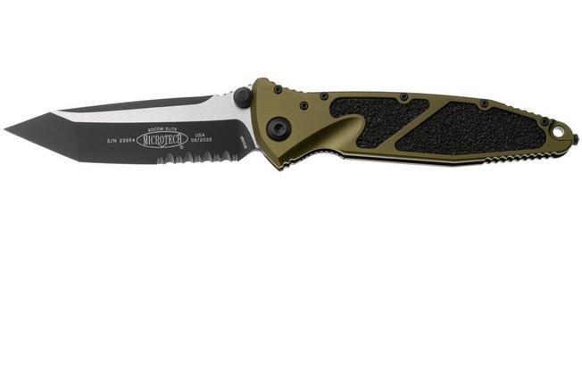 Afbeelding voor Microtech Socom Elite 161-2OD, Two Tone Black M390MK Tanto, OD Green Aluminium, deels gekarteld zakmes