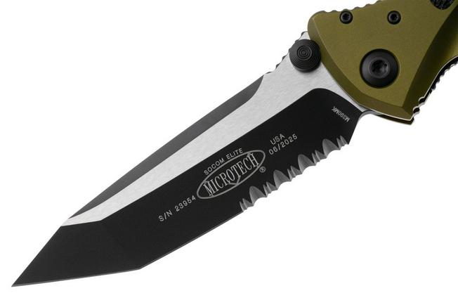 Afbeelding voor Microtech Socom Elite 161-2OD, Two Tone Black M390MK Tanto, OD Green Aluminium, deels gekarteld zakmes