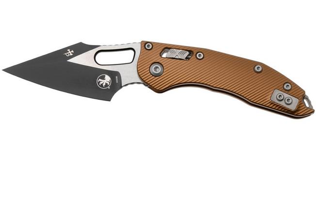 Afbeelding voor Microtech Stitch 169RL-1FLTA, Black Two Tone M390MK, Fluted Tan Aluminum zakmes, Borka Blades design