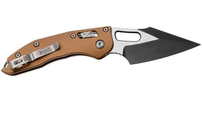 Afbeelding voor Microtech Stitch 169RL-1FLTA, Black Two Tone M390MK, Fluted Tan Aluminum zakmes, Borka Blades design