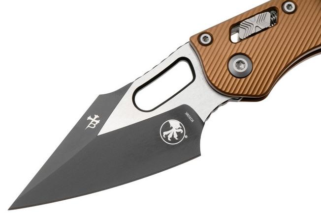 Afbeelding voor Microtech Stitch 169RL-1FLTA, Black Two Tone M390MK, Fluted Tan Aluminum zakmes, Borka Blades design