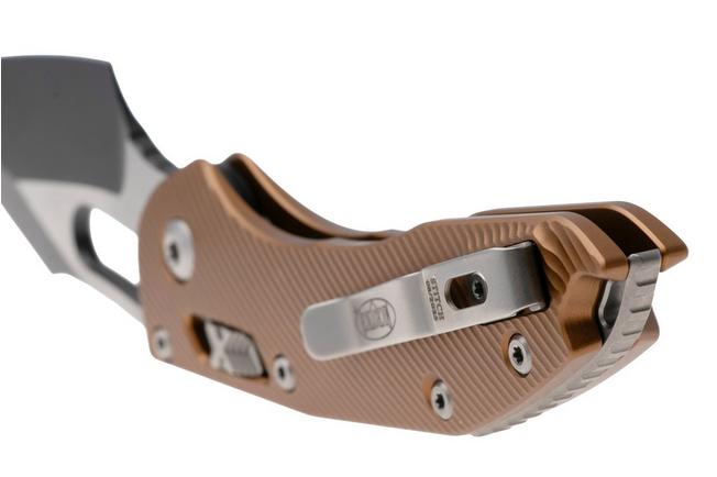 Afbeelding voor Microtech Stitch 169RL-1FLTA, Black Two Tone M390MK, Fluted Tan Aluminum zakmes, Borka Blades design