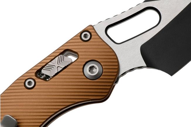 Afbeelding voor Microtech Stitch 169RL-1FLTA, Black Two Tone M390MK, Fluted Tan Aluminum zakmes, Borka Blades design