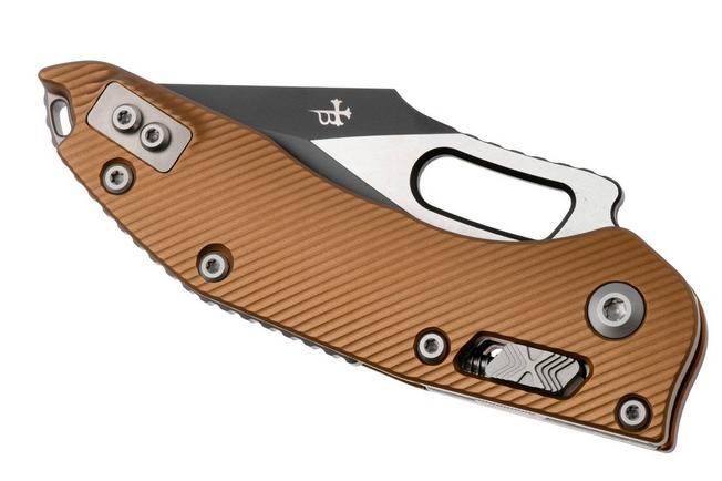 Afbeelding voor Microtech Stitch 169RL-1FLTA, Black Two Tone M390MK, Fluted Tan Aluminum zakmes, Borka Blades design