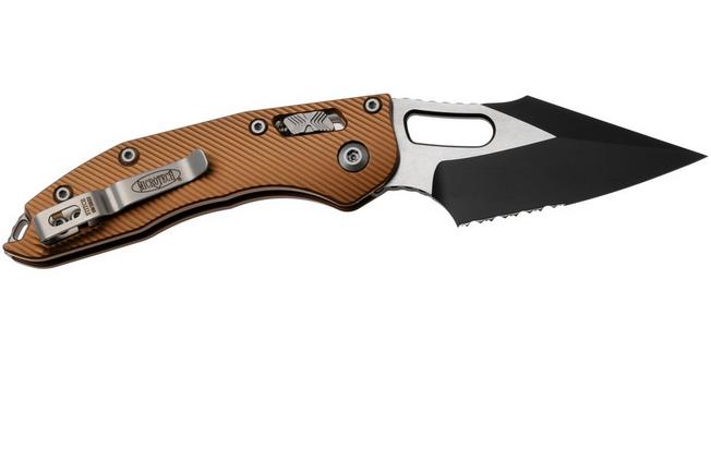 Bild für Microtech Stitch 169RL-2FLTA, Black Two Tone M390MK, Fluted Tan Aluminum, Teil-Wellenschliff Taschenmesser, Borka Blades Design