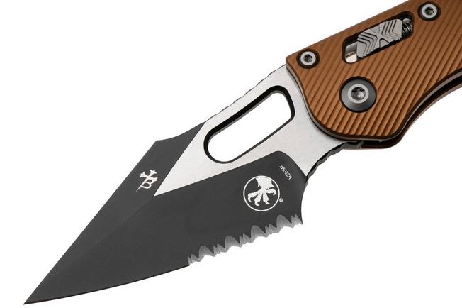 Bild für Microtech Stitch 169RL-2FLTA, Black Two Tone M390MK, Fluted Tan Aluminum, Teil-Wellenschliff Taschenmesser, Borka Blades Design