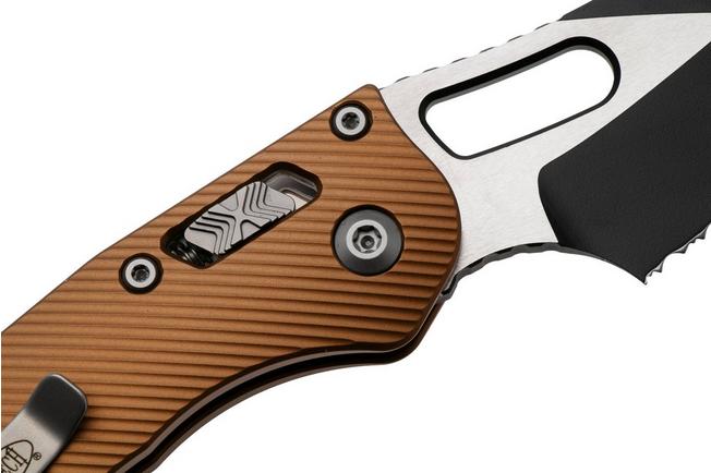 Bild für Microtech Stitch 169RL-2FLTA, Black Two Tone M390MK, Fluted Tan Aluminum, Teil-Wellenschliff Taschenmesser, Borka Blades Design