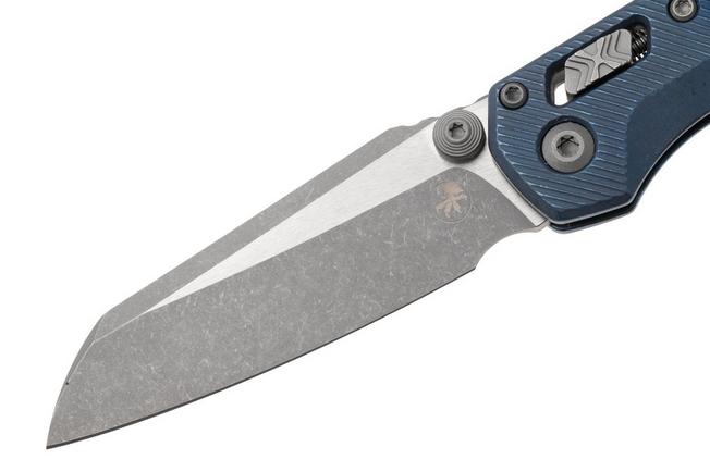 Afbeelding voor Microtech Marfione Select MSI Standard Issue Mini 210M-10APFLMS2, Apocalyptic Stonewashed M390MK, Fluted Antique Blue Titanium, Blue Accents, zakmes