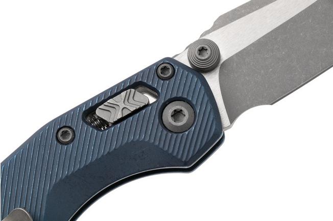 Afbeelding voor Microtech Marfione Select MSI Standard Issue Mini 210M-10APFLMS2, Apocalyptic Stonewashed M390MK, Fluted Antique Blue Titanium, Blue Accents, zakmes