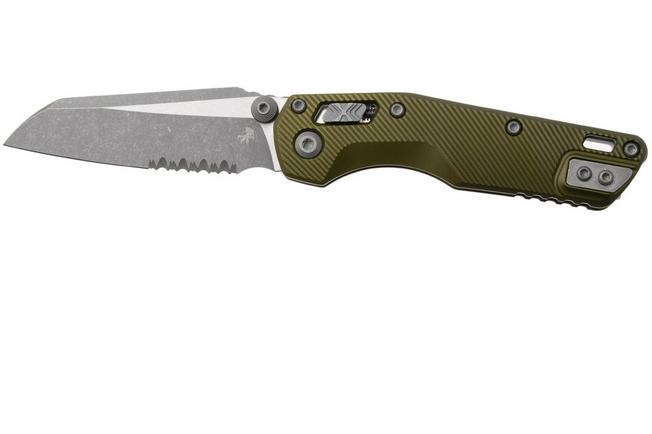 Afbeelding voor Microtech MSI Standard Issue Mini 210M-11APFLOD, Apocalyptic Stonewashed M390MK, Fluted OD Green Aluminium, deels gekarteld zakmes