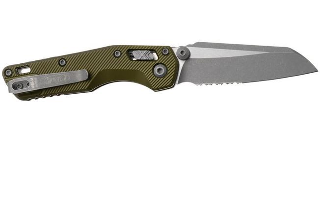 Afbeelding voor Microtech MSI Standard Issue Mini 210M-11APFLOD, Apocalyptic Stonewashed M390MK, Fluted OD Green Aluminium, deels gekarteld zakmes