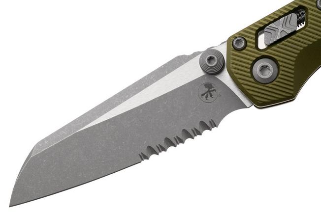 Afbeelding voor Microtech MSI Standard Issue Mini 210M-11APFLOD, Apocalyptic Stonewashed M390MK, Fluted OD Green Aluminium, deels gekarteld zakmes