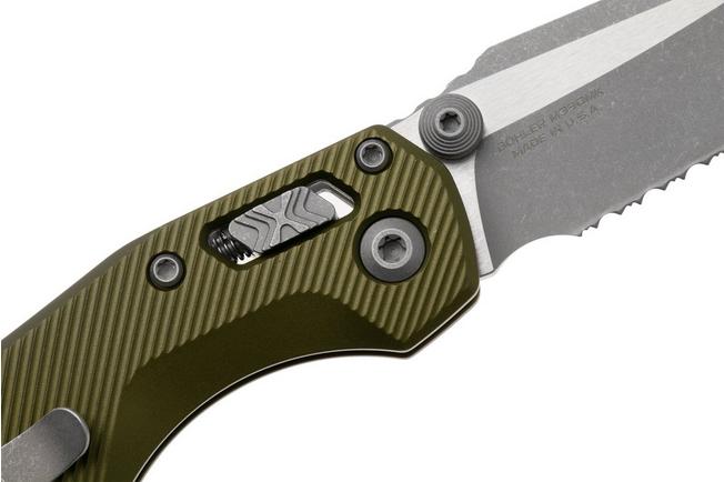 Afbeelding voor Microtech MSI Standard Issue Mini 210M-11APFLOD, Apocalyptic Stonewashed M390MK, Fluted OD Green Aluminium, deels gekarteld zakmes