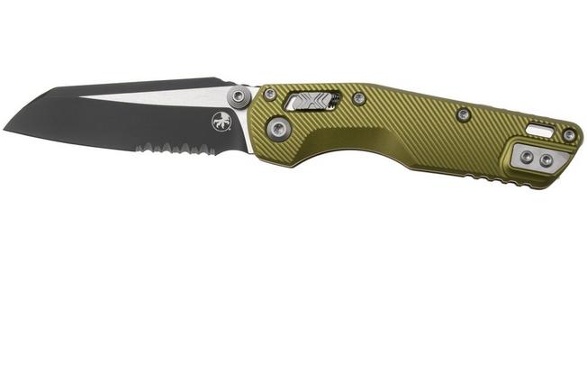 Afbeelding voor Microtech MSI Standard Issue Mini 210M-2FLOD, Two Tone Black M390MK, Fluted OD Green Aluminium, deels gekarteld zakmes