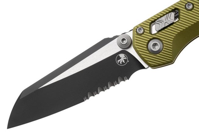 Afbeelding voor Microtech MSI Standard Issue Mini 210M-2FLOD, Two Tone Black M390MK, Fluted OD Green Aluminium, deels gekarteld zakmes